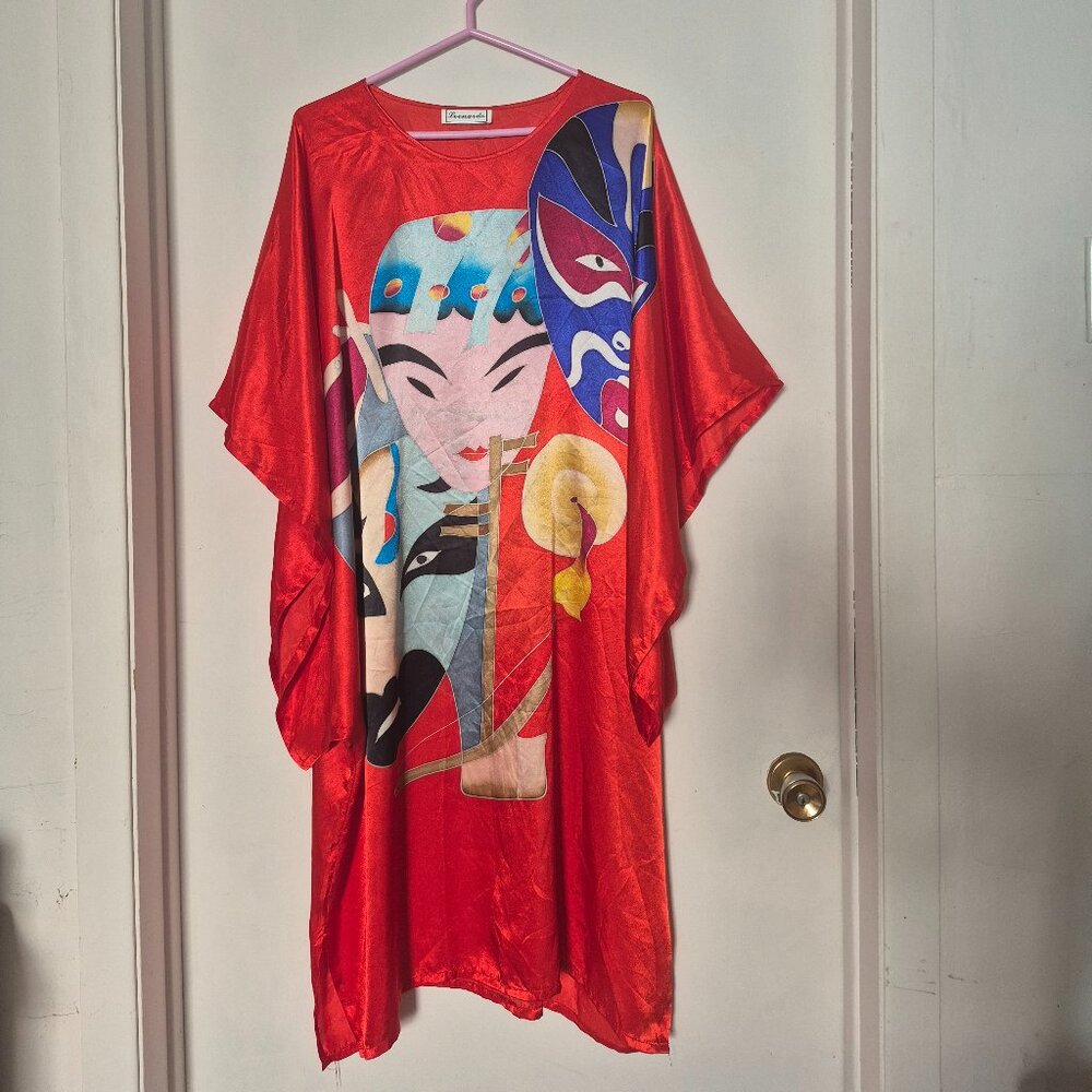 satin caftan dress with Chinese opera style patterns